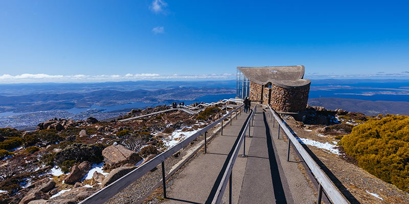 Snow gathers atop Mt Wellington near the lookout